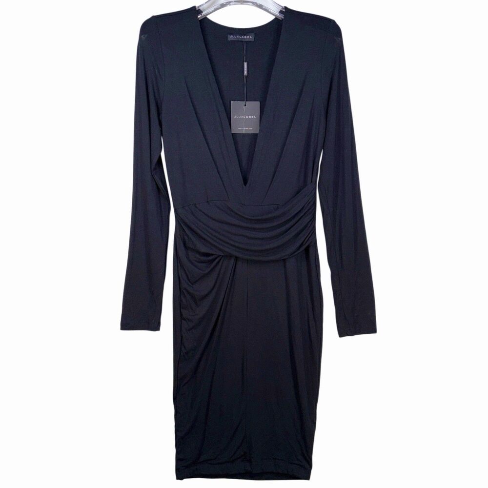 JUXLABEL Bamboo Dress Large Black Midi Ruched Draped Long Sleeve Deep V Neckline